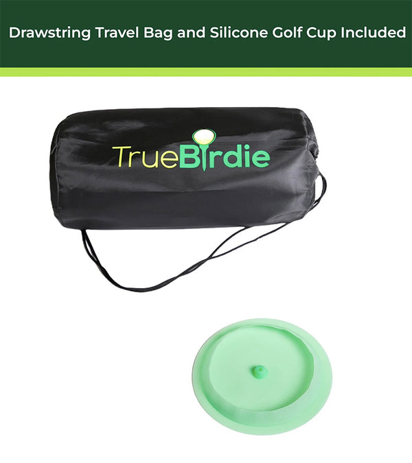 TrueBirdie Indoor Putting Green and Golf Mat 10ft- close up of silicone golf cup  and travel bag