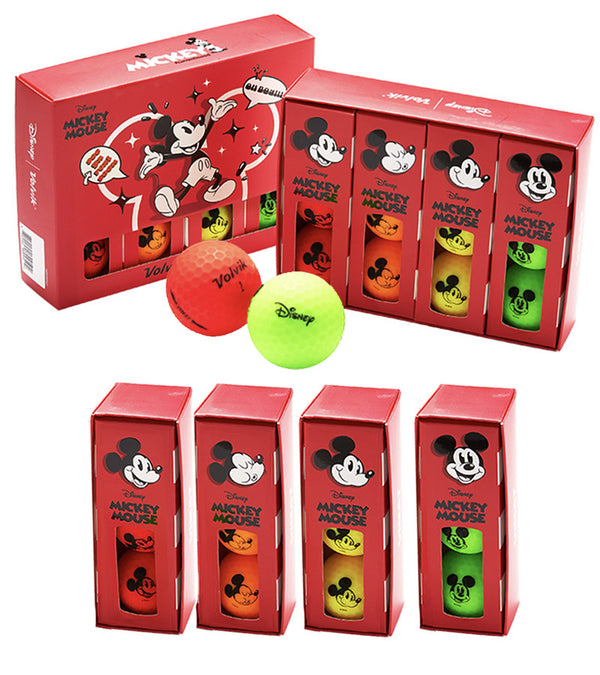 Packaging  for the Volvik Vimax Golf Balls Disney Mickey Mouse Dozen Pack and with red ,yellow, orange, green individual 3 packs