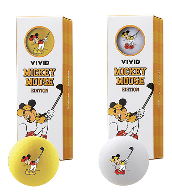 Volvik Vivid Golf Balls Disney Mickey Mouse 3 Ball Pack with yellow or white balls with image of Mickey swinging a golf club.