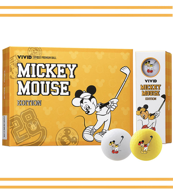 Volvik Vivid Golf Balls Disney Mickey Mouse Dozen Ball Packaging with white and yellow golf balls showing Mickey swinging a golf club