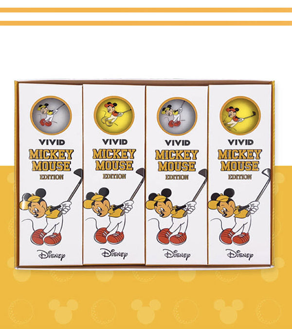 4 Volvik Vivid Golf Balls Disney Mickey Mouse 3 Ball Packaging with white and yellow golf balls showing Mickey swinging a golf club