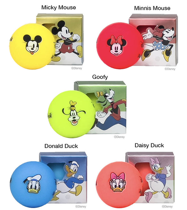 Individual packaging for Mickey Mouse (red ball), Minnie Mouse (yellow ball), Donald Duck (blue ball), Daisy Duck (pink ball), and Goofy (green ball)