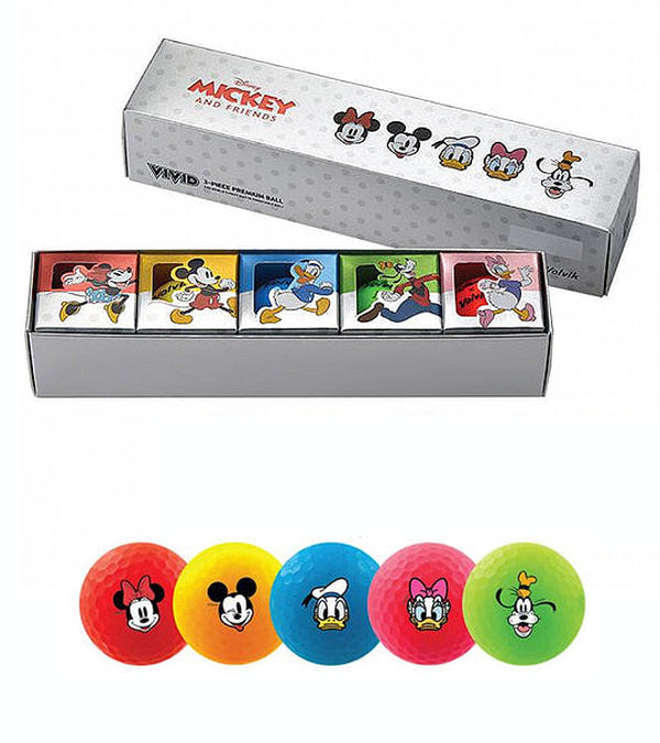 PAckaging for the Volvik Vivid Golf Balls Disney Friends 5 Ball Pack. Set features Mickey Mouse (red ball), Minnie Mouse (yellow ball), Donald Duck (blue ball), Daisy Duck (pink ball), and Goofy (green ball)