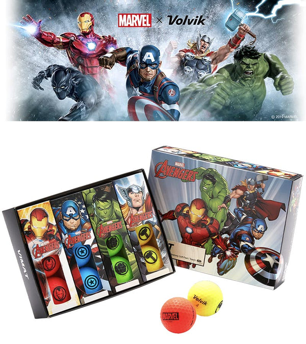 Packaging for the Volvik Vimax Golf Balls Marvel Avengers Dozen Pack with 3 ball sets for Iron Man (red), Captain America (blue), Thor (yellow), or The Hulk (green)