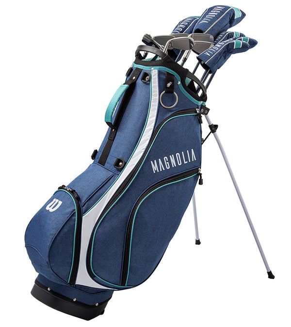 Wilson Womens Magnolia Complete Golf Set - Stand / Carry Bag with legs extended and headcovers on some clubs