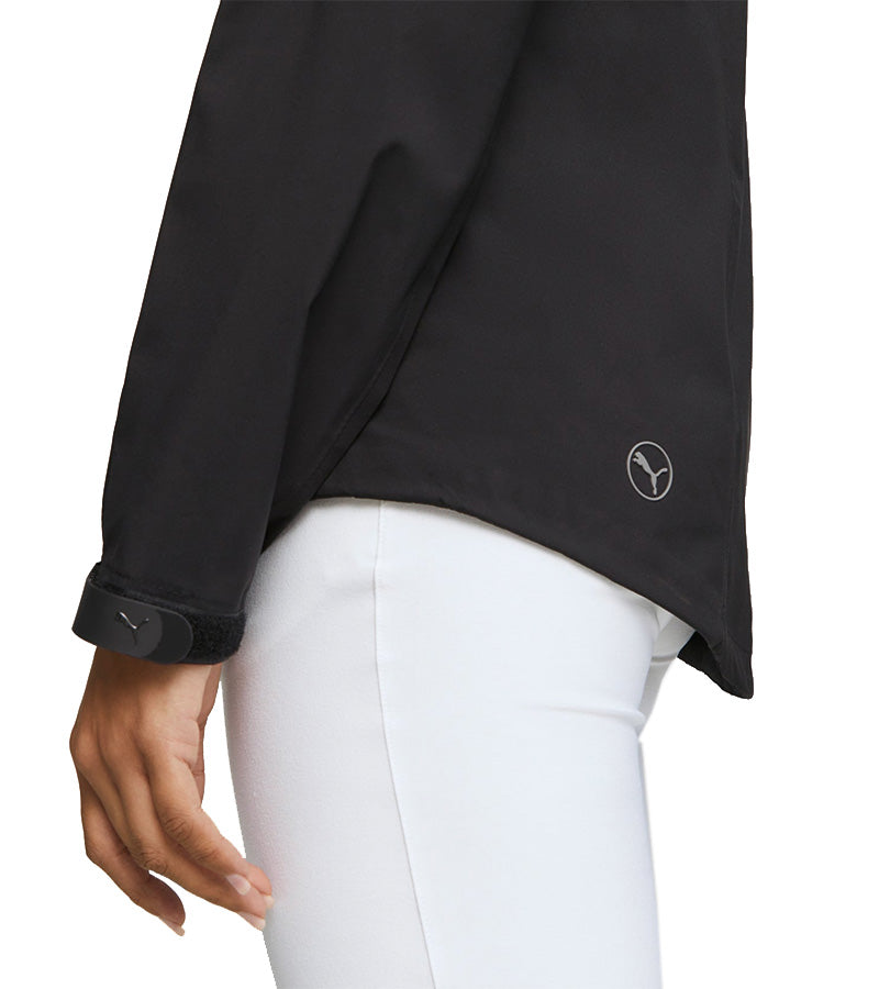 Puma DRYLBL Women's Rain Golf Jacket in black -  closeup detail  cuff and Puma logo on back