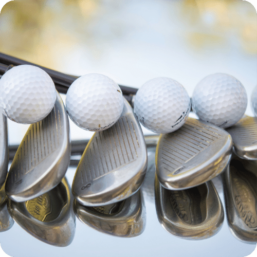 golf clubs and balls lined up