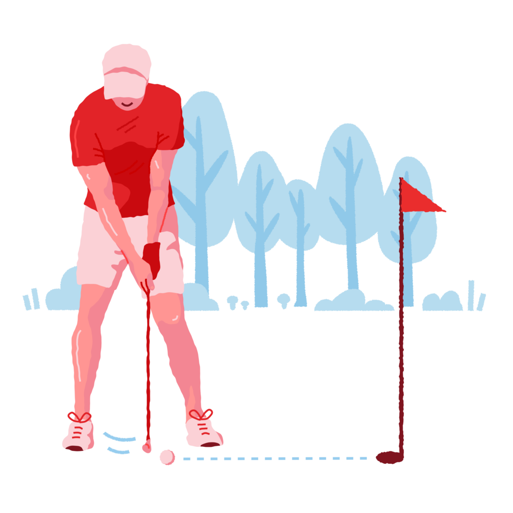drawing of a golfer in red shirt making a putt
