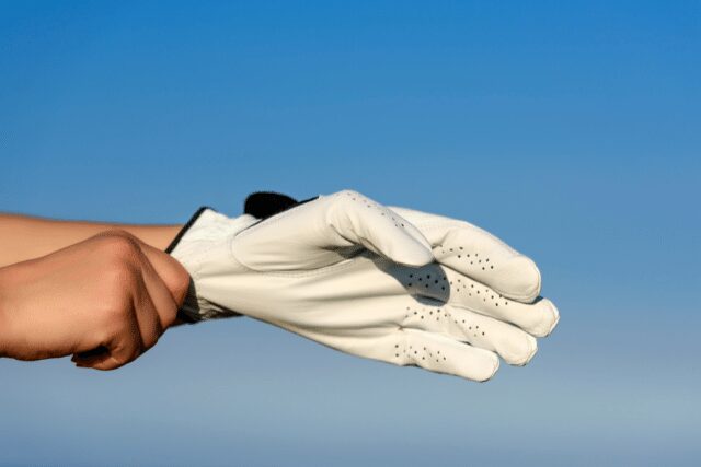 golfer putting golf glove on hand