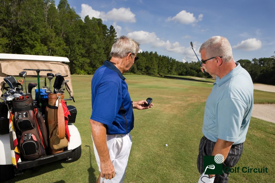 Golfers using rangefinder in golf competition