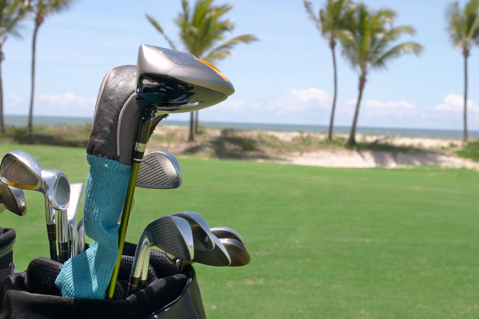 Golf club covers with palm trees in the background